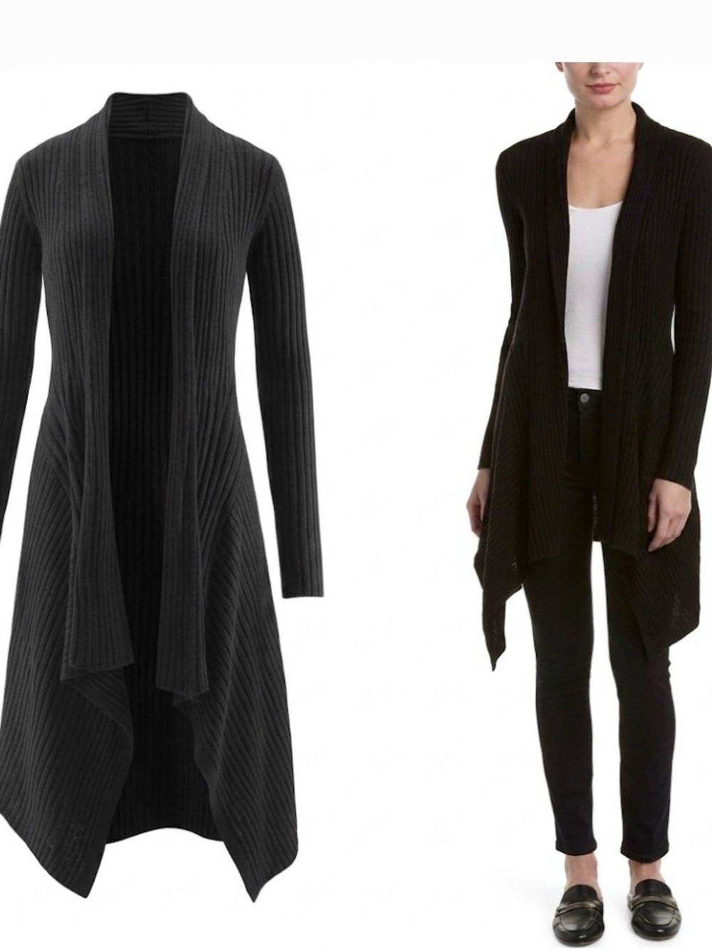 CAbi Sweetheart Ribbed Waterfall Black Open Front Cardigan size Small